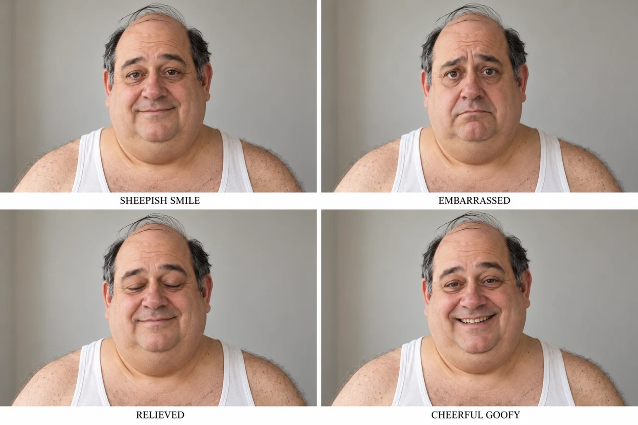 Four photographic expressions of Dolf: sheepish, embarrassed, relieved and cheerful