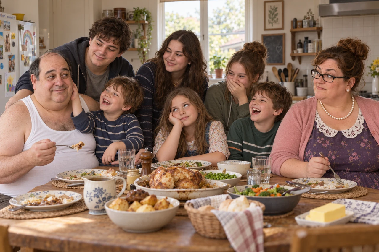 Dolf and Hilda sharing a noisy Sunday lunch with their six children