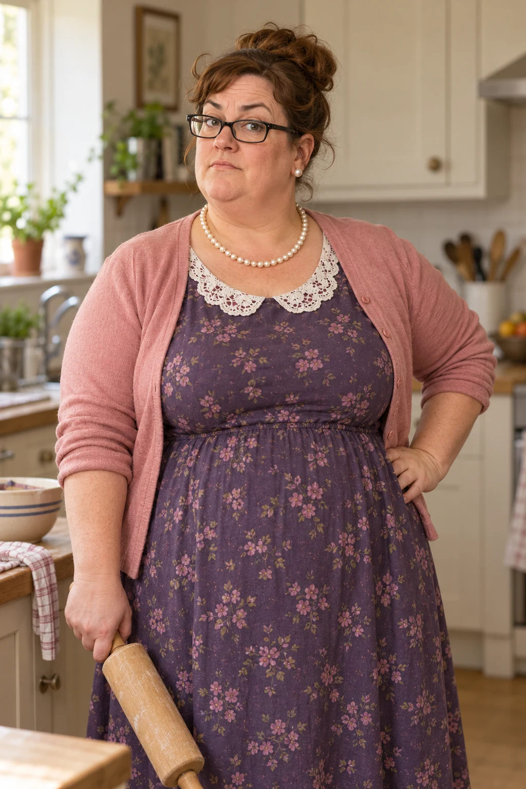 Hilda Winterbottom in her kitchen, glasses on and rolling pin in hand