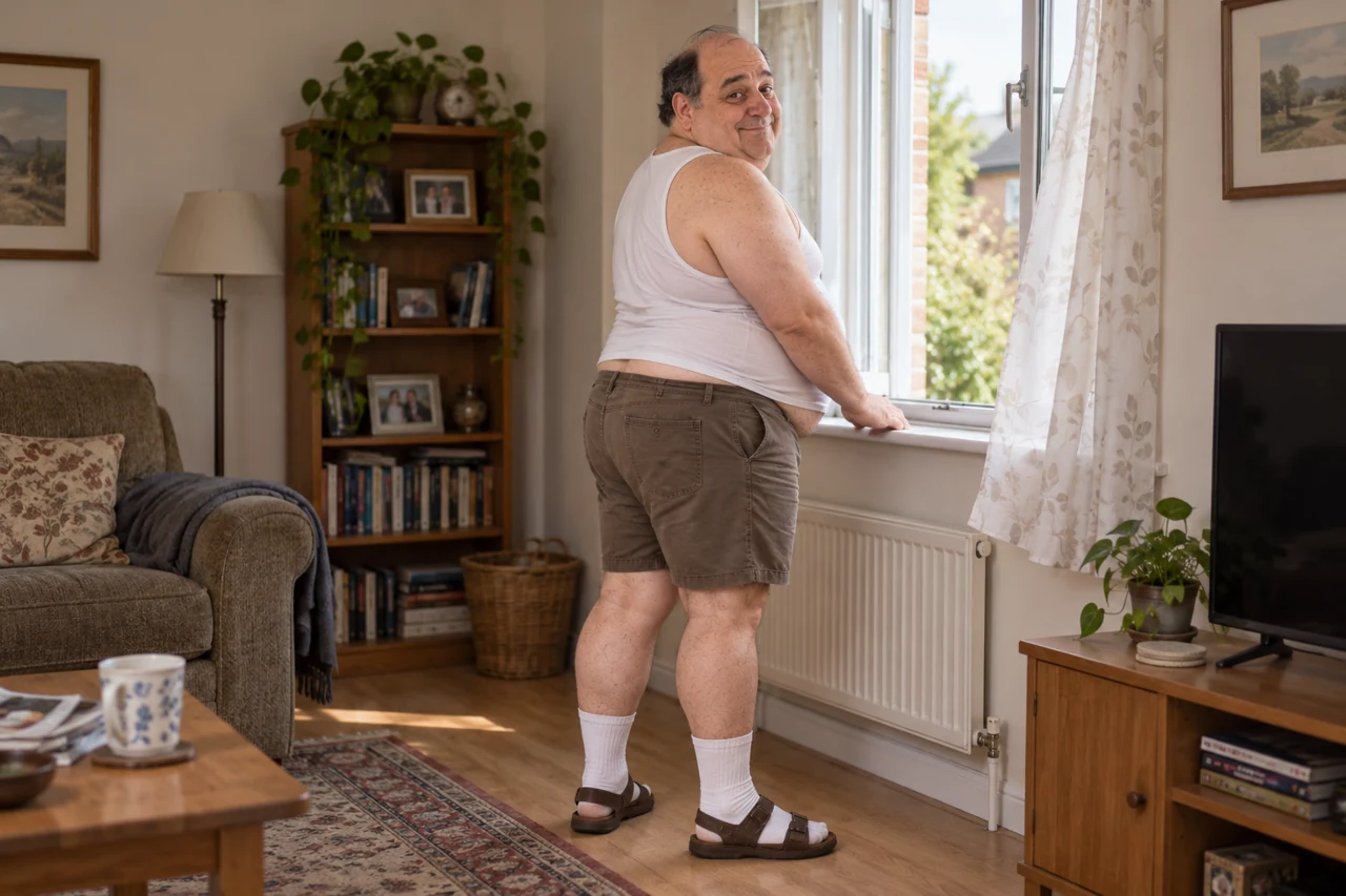 Dolf looking back sheepishly beside an open living-room window