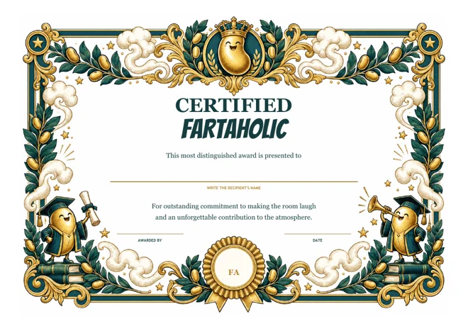 Actual printable preview: Certified Fartaholic award