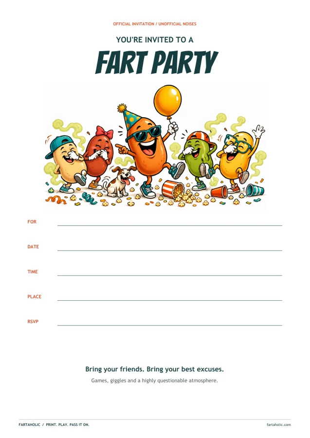 Actual printable preview: Fart Party invitation