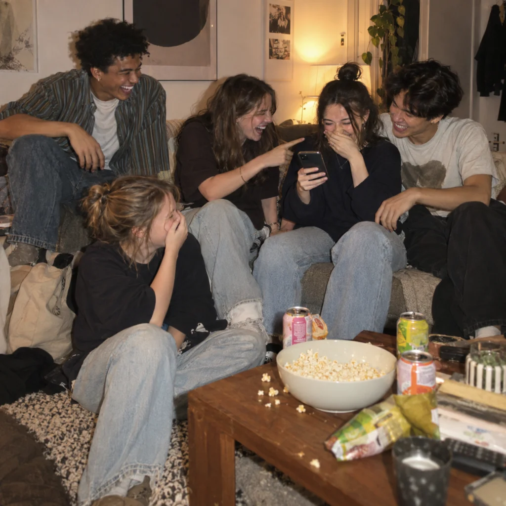 Friends laughing and accusing each other in a living room