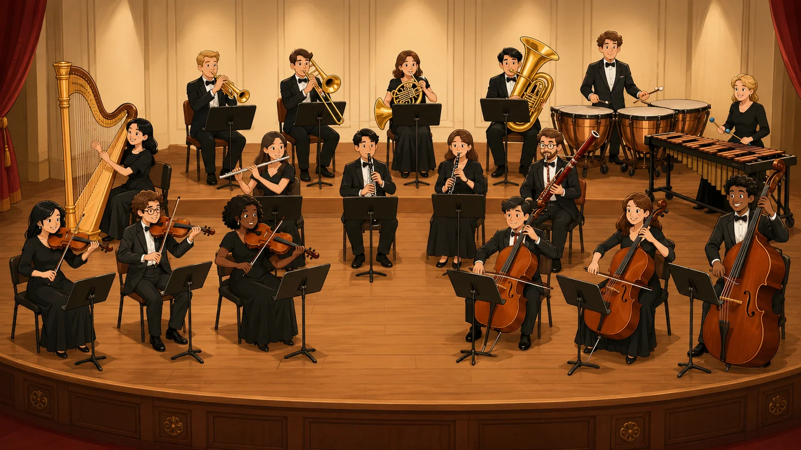 A full orchestra on a concert stage with a conductor in the foreground